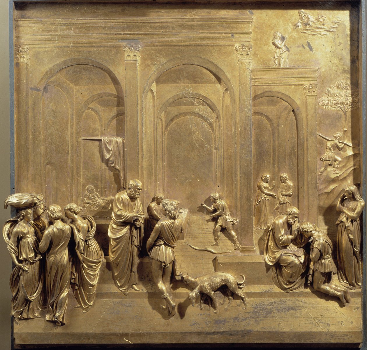 Jákob és Ézsau élete: Ézsau eladja elsőszülöttségi jogát, Izsák pedig megáldja Jákóbot. A Paradicsom ajtajának eredeti panelje alkotó: Lorenzo Ghiberti