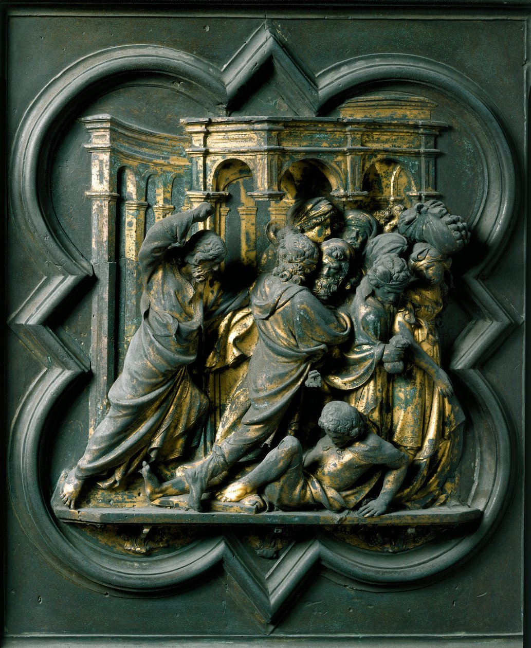 Északi kapu (északon Keresztkapunak hívják), külső részlet: ""Jézus kereskedőket kerget a templomból""" Lorenzo Ghiberti (1378-1455) bronzszobra alkotó: Lorenzo Ghiberti