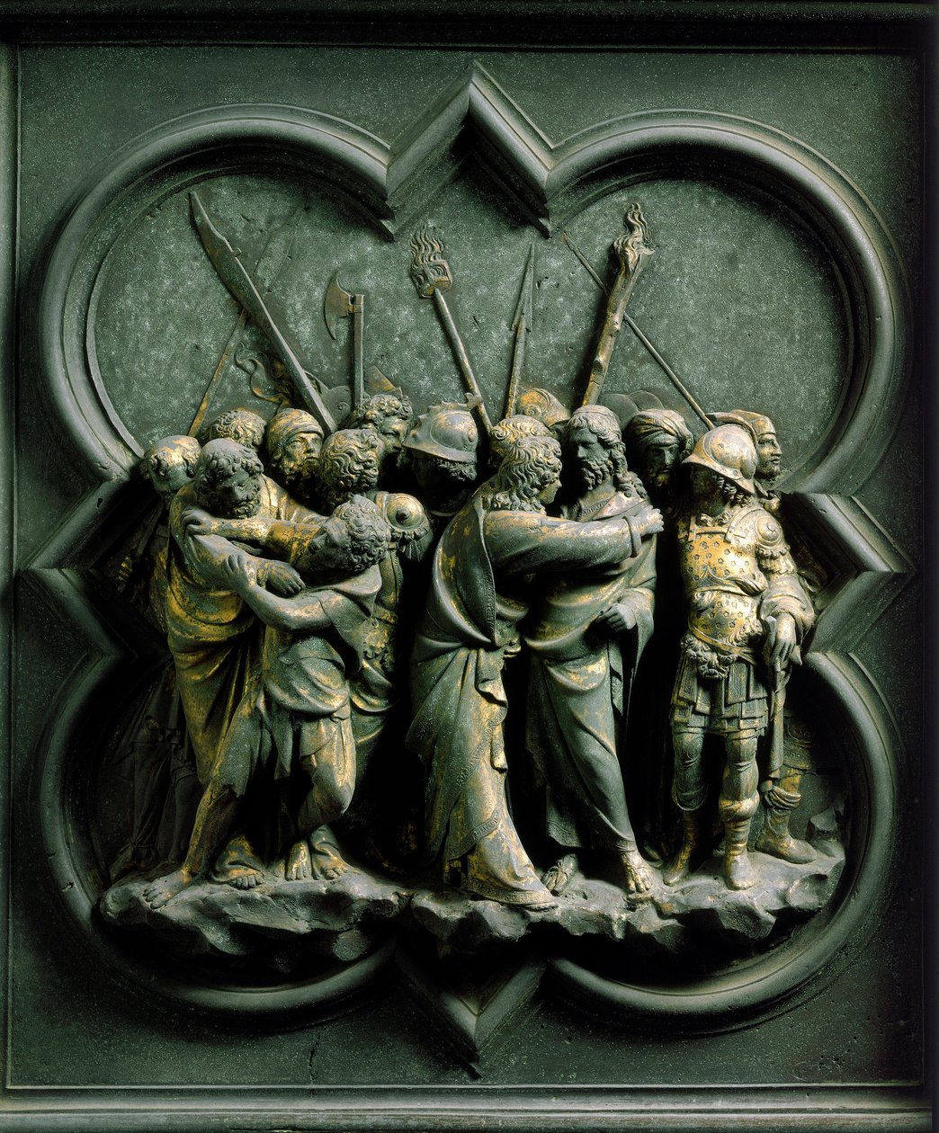 Északi kapu (északon Keresztkapunak hívják), külső részlet: „Júdás csókja”” Lorenzo Ghiberti (1378-1455) bronzszobra alkotó: Lorenzo Ghiberti
