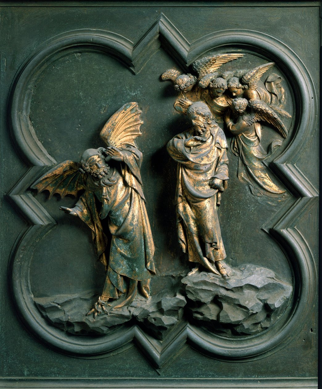 Északi kapu (északon Keresztkapunak hívják), külső részlet: „Krisztus megkísértése”” Lorenzo Ghiberti (1378-1455) bronzszobra alkotó: Lorenzo Ghiberti