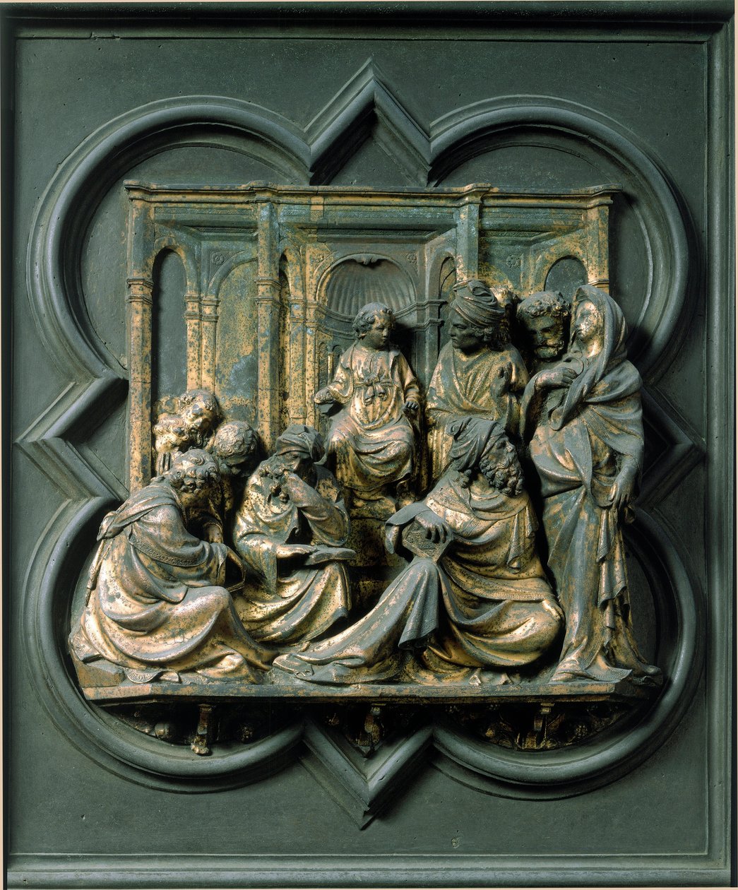 Északi kapu (Kereszt kapuja, északon), külső részlet: Jézus az orvosok között. Lorenzo Ghiberti (1378-1455) bronzszobra alkotó: Lorenzo Ghiberti