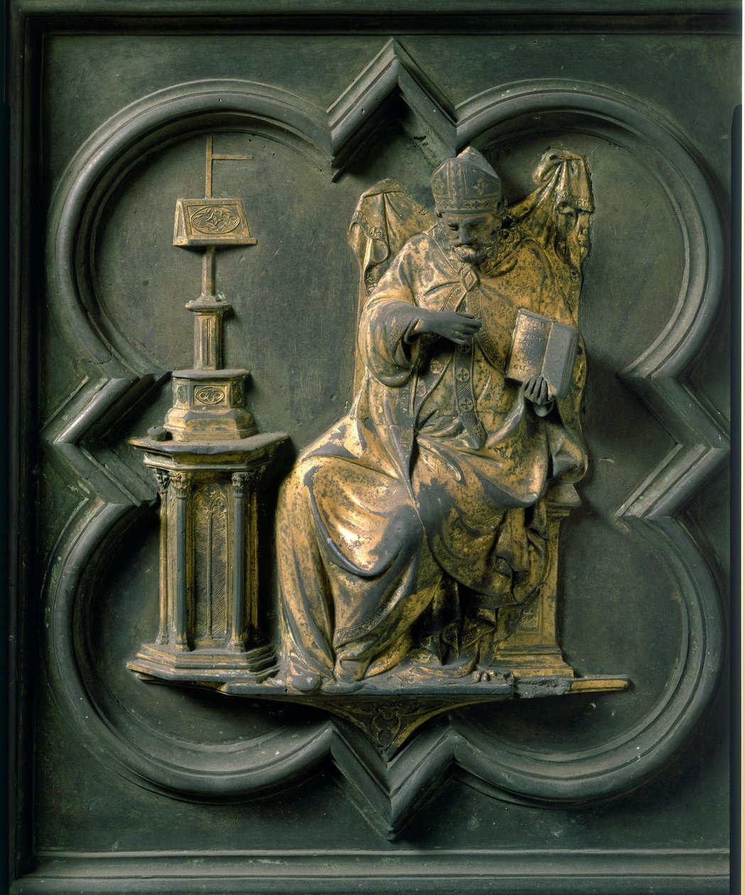 Északi kapu (északon Keresztkapunak hívják), külső részlet: Szent Ágoston. Lorenzo Ghiberti (1378-1455) bronzszobra alkotó: Lorenzo Ghiberti