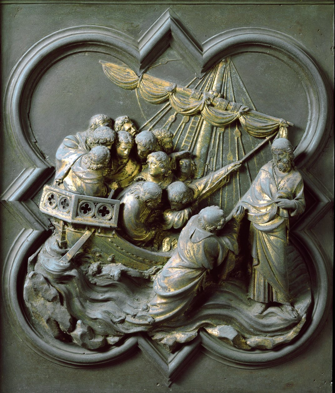 Északi kapu (a Kereszt kapuja, északon), külső részlet: Krisztus a vízen jár. Lorenzo Ghiberti (1378-1455) bronzszobra alkotó: Lorenzo Ghiberti