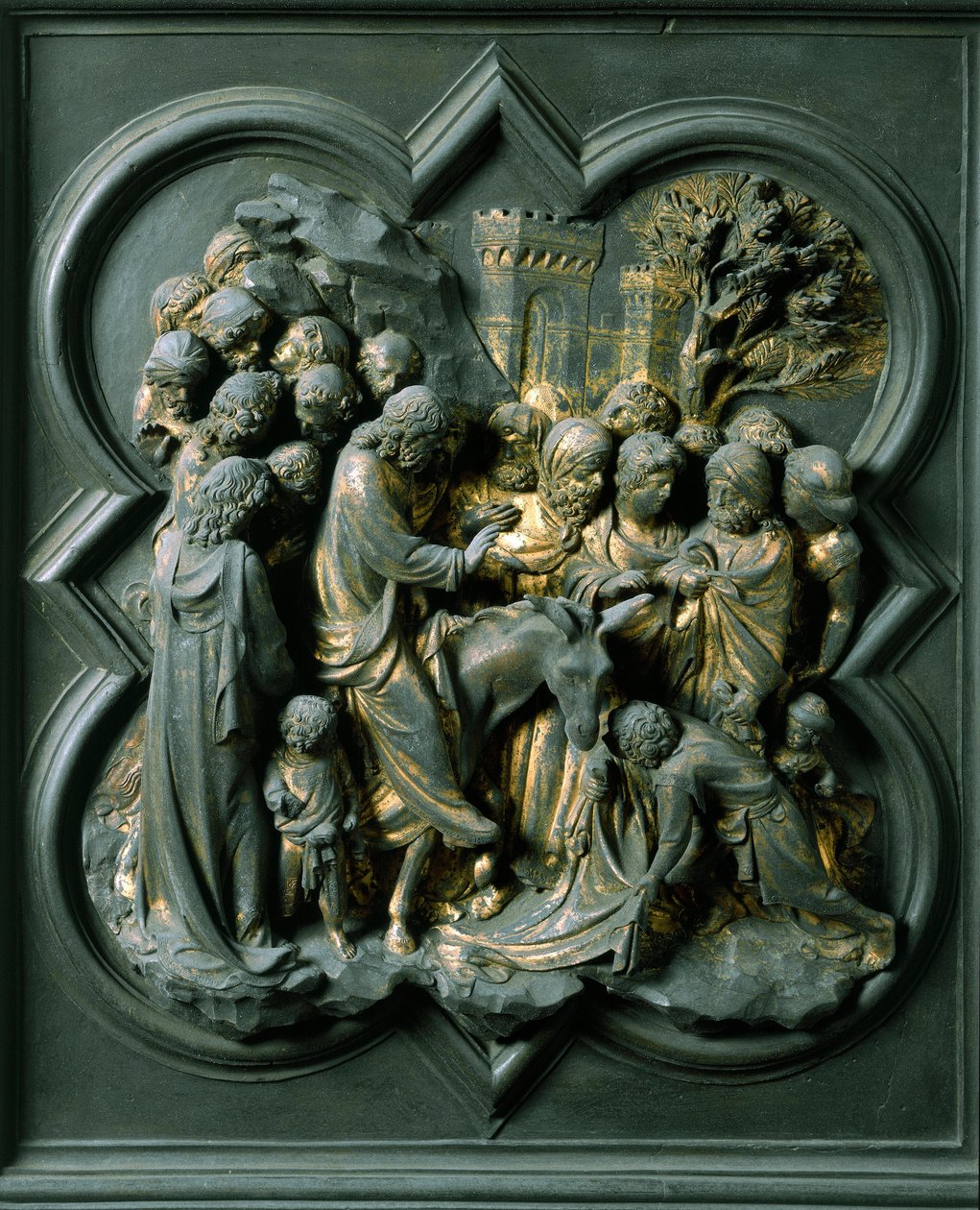 Északi kapu (északon keresztkapunak hívják), külső részlet: „” Jeruzsálem bejárata”” Lorenzo Ghiberti (1378-1455) bronzszobra alkotó: Lorenzo Ghiberti