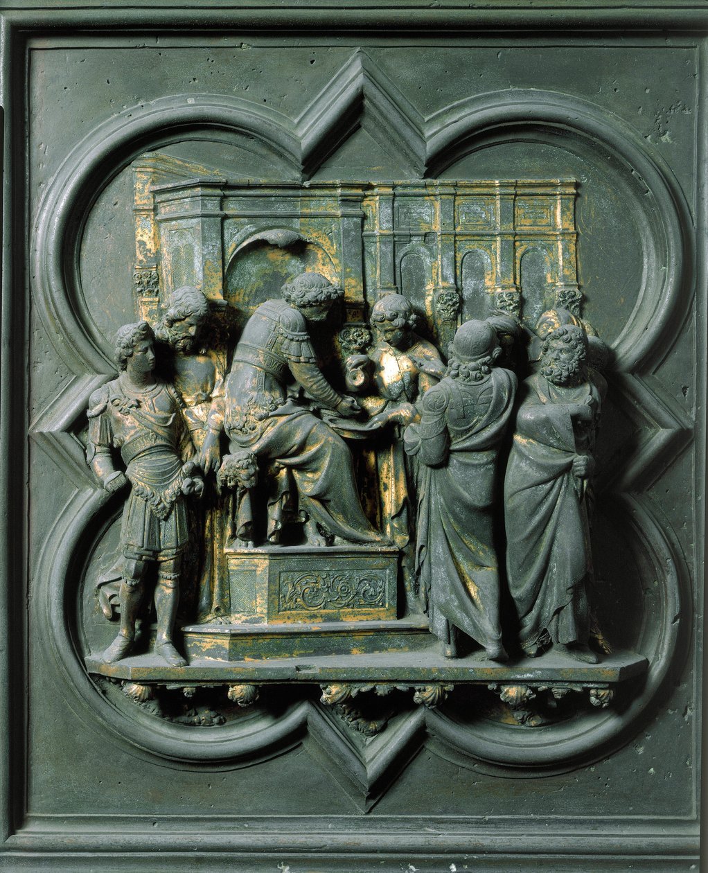 Északi kapu (északon keresztkapunak nevezik), külső részlet: „Krisztus Poncius Pilátussal (Pontius Pilatius) szembenéz” Lorenzo Ghiberti (1378-1455) bronzszobra alkotó: Lorenzo Ghiberti