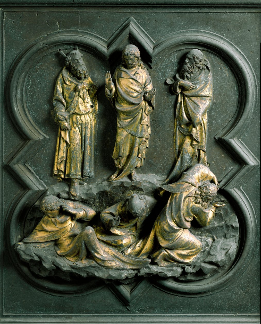 Északi porta (északon keresztkapunak hívják), külső részlet: „” az átváltozás”” Lorenzo Ghiberti (1378-1455) bronzszobra alkotó: Lorenzo Ghiberti