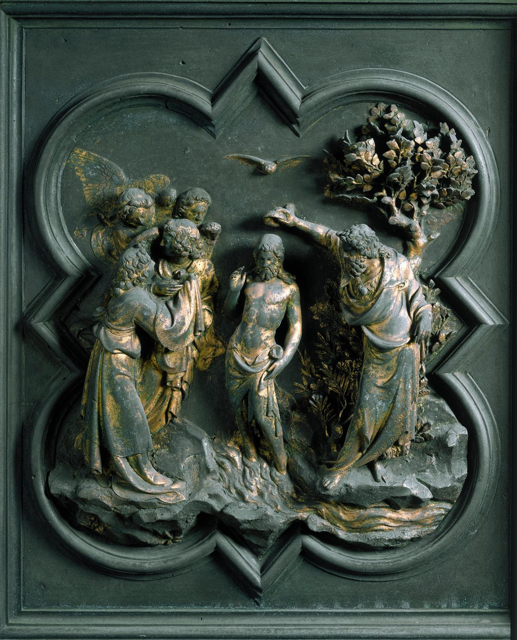 Északi porta (északon keresztkapunak hívják), külső részlet: „Krisztus megkeresztelkedése”” Lorenzo Ghiberti (1378-1455) bronzszobra alkotó: Lorenzo Ghiberti