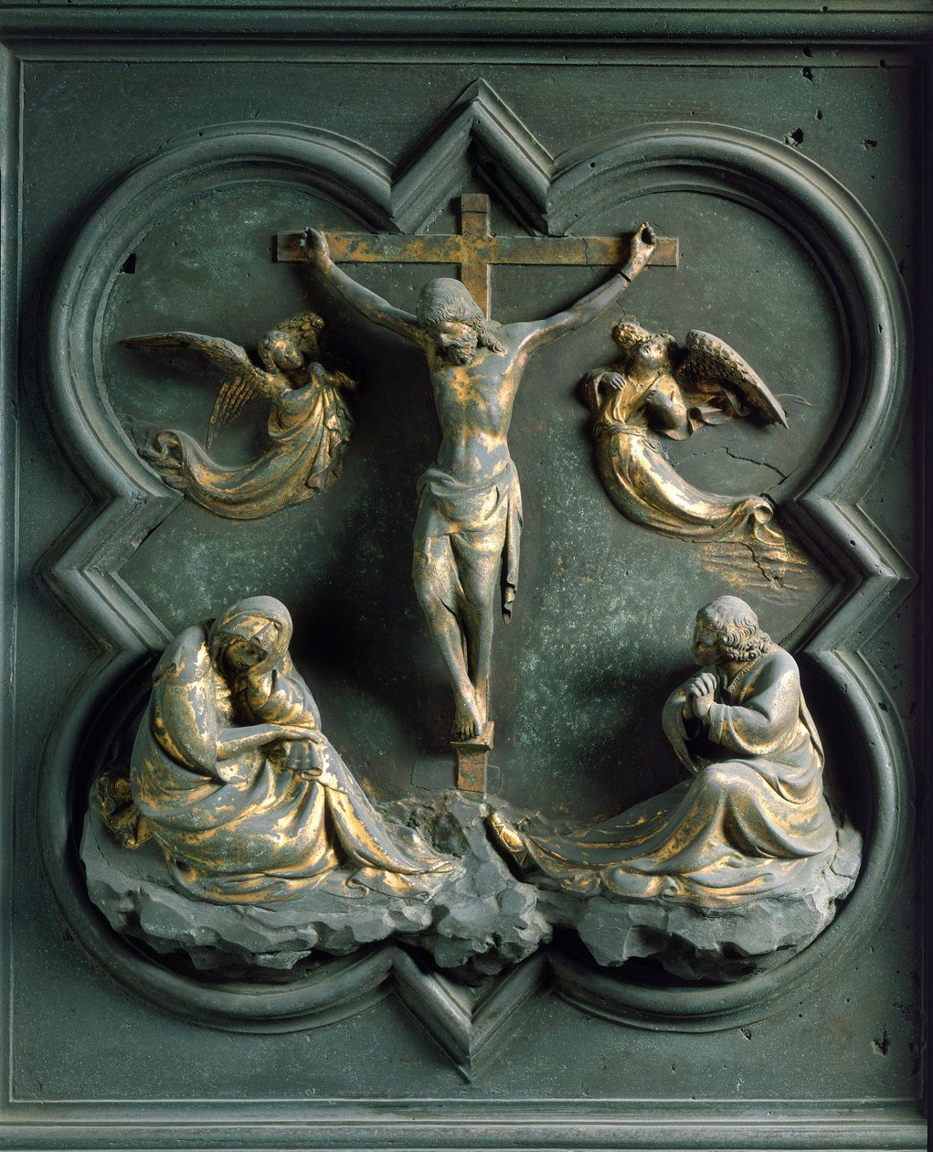 Északi porta (északon keresztkapunak hívják), külső részlet: „” a keresztre feszítés”” Lorenzo Ghiberti (1378-1455) bronzszobra alkotó: Lorenzo Ghiberti