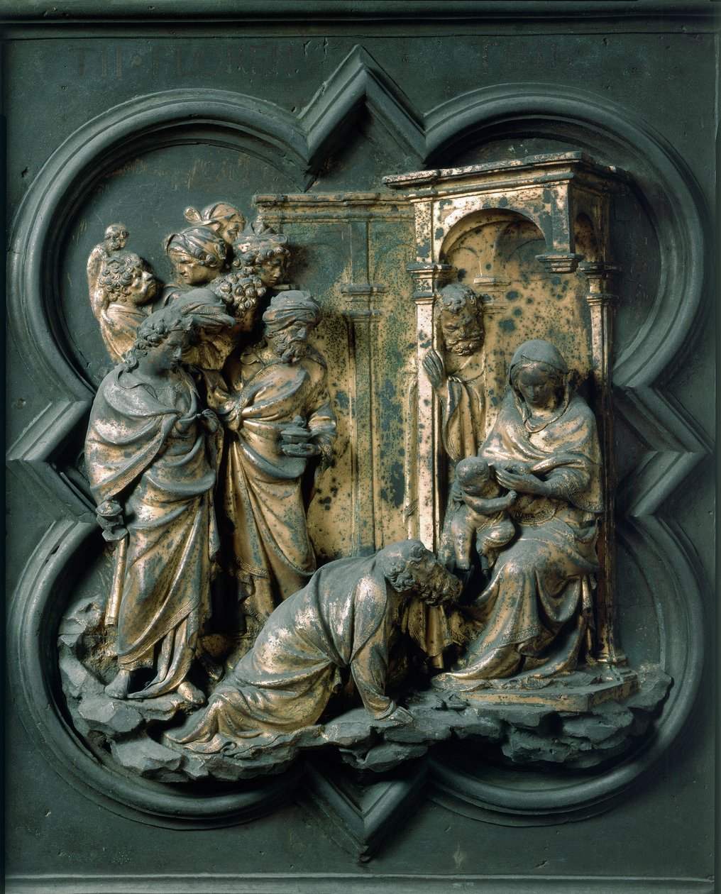 North Porte (a Kereszt kapuja, északon), külső részlet: A mágusok imádása. Lorenzo Ghiberti (1378-1455) bronzszobra alkotó: Lorenzo Ghiberti