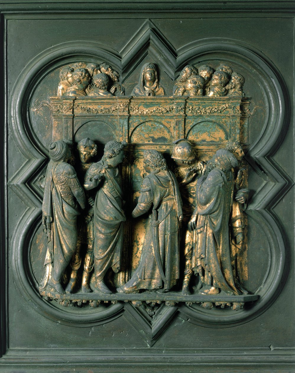 North Porte (északon Porte de la Croix néven), külső részlet: "" Pünkösd"" Lorenzo Ghiberti (1378-1455) bronzszobra alkotó: Lorenzo Ghiberti
