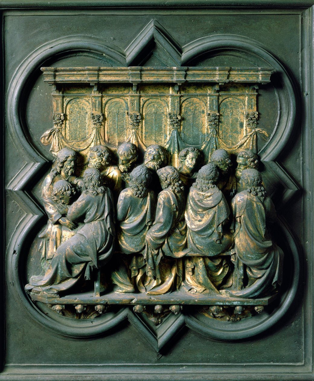 North Porte (északon Porte de la Croix néven), külső részlet: „” la Cene”” Lorenzo Ghiberti (1378-1455) bronzszobra alkotó: Lorenzo Ghiberti