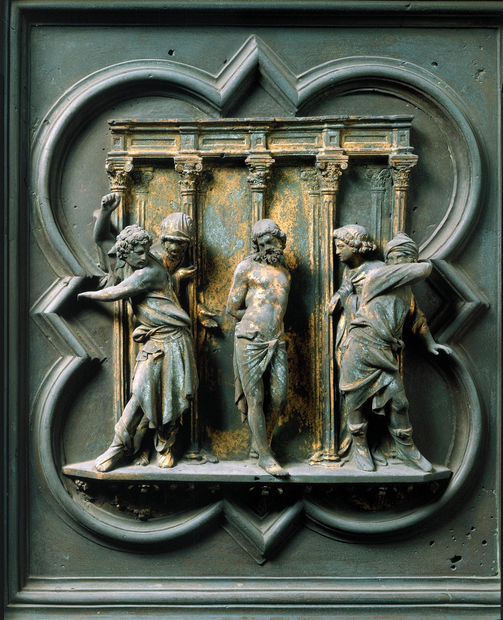 North Porte (északon Porte de la Croix néven), külső részlet: „” la flagellation”” Lorenzo Ghiberti (1378-1455) bronzszobra alkotó: Lorenzo Ghiberti