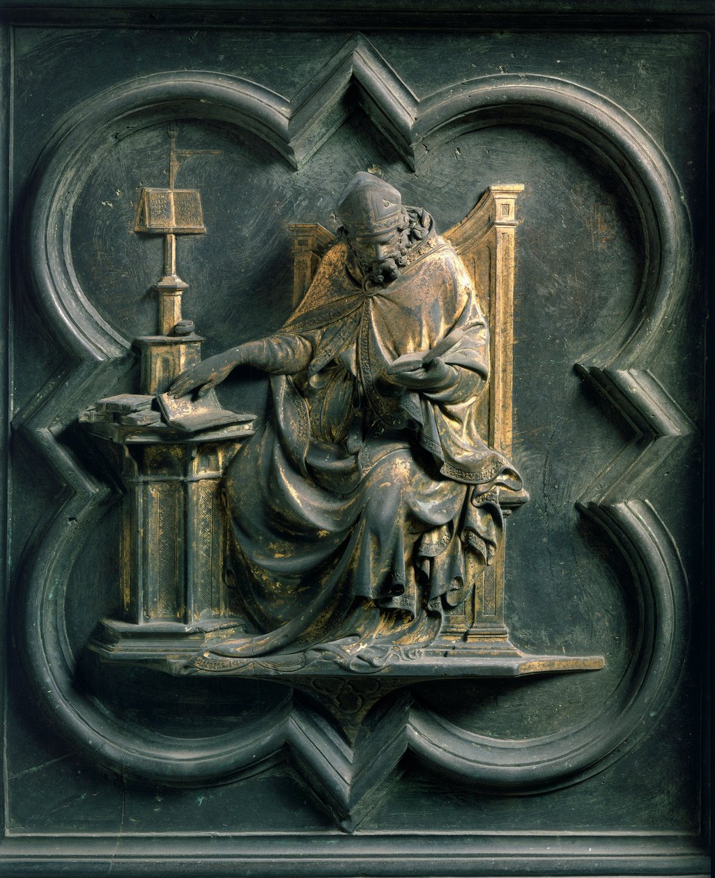 North Porte (Porte de la Croix néven északon), külső részlet: Saint Ambrose. Lorenzo Ghiberti (1378-1455) bronzszobra alkotó: Lorenzo Ghiberti