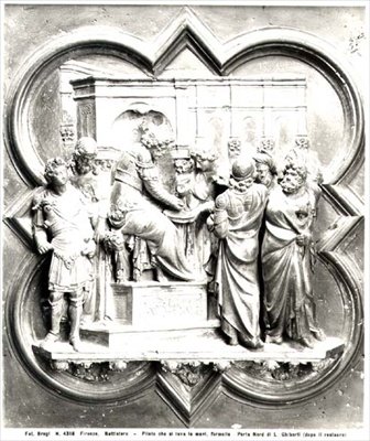 Poncius Pilátus kezet mos, dombormű a keresztelőkápolna ajtajáról, 1403 körül (aranyozott bronz) (f/w fotó) alkotó: Lorenzo Ghiberti