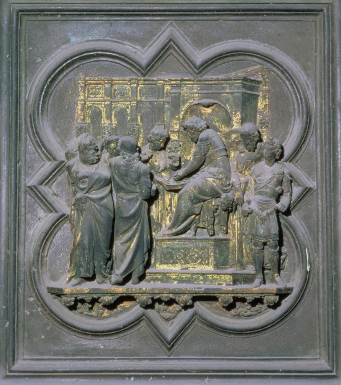 Poncius Pilátus kezet mos Krisztus előtt, a San Giovanni Keresztelőkápolna északi ajtóinak tizenhatodik panelje, 1403-24 (bronz) alkotó: Lorenzo Ghiberti