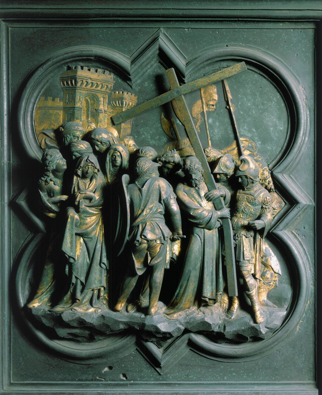 Porte Nord (északon Porte de la Croix néven), külső részlet: „A Montee a kálváriához” Lorenzo Ghiberti (1378-1455) bronzszobra alkotó: Lorenzo Ghiberti