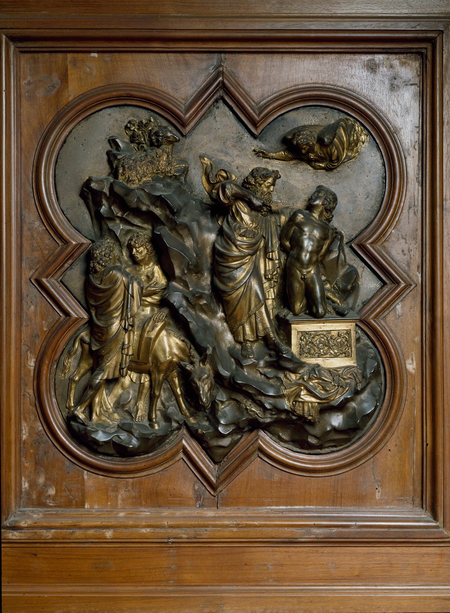 Isaac Bas feláldozása, Lorenzo Ghiberti aranyozott bronz domborműve alkotó: Lorenzo Ghiberti