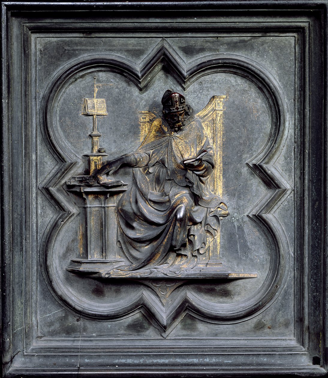 Szent Ambrus, a San Giovanni keresztelőkápolna északi ajtóinak E-táblája, 1403-24 (bronz) alkotó: Lorenzo Ghiberti
