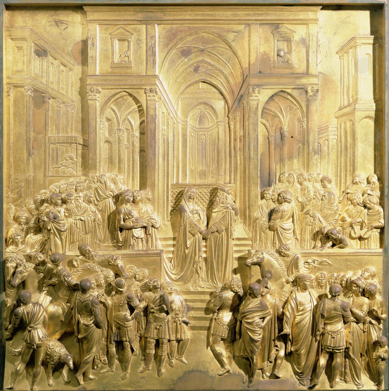 Salamon király és Sába királynőjének találkozása, eredeti panel a Keresztelőkápolna keleti ajtajából alkotó: Lorenzo Ghiberti
