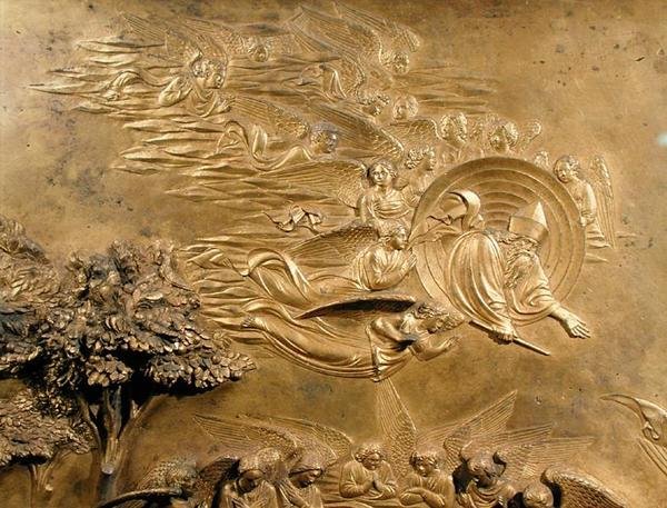 Ádám története, az Atyaisten az angyalokkal részlete a keresztelőkápolna keleti ajtaja egyik eredeti táblájáról alkotó: Lorenzo Ghiberti