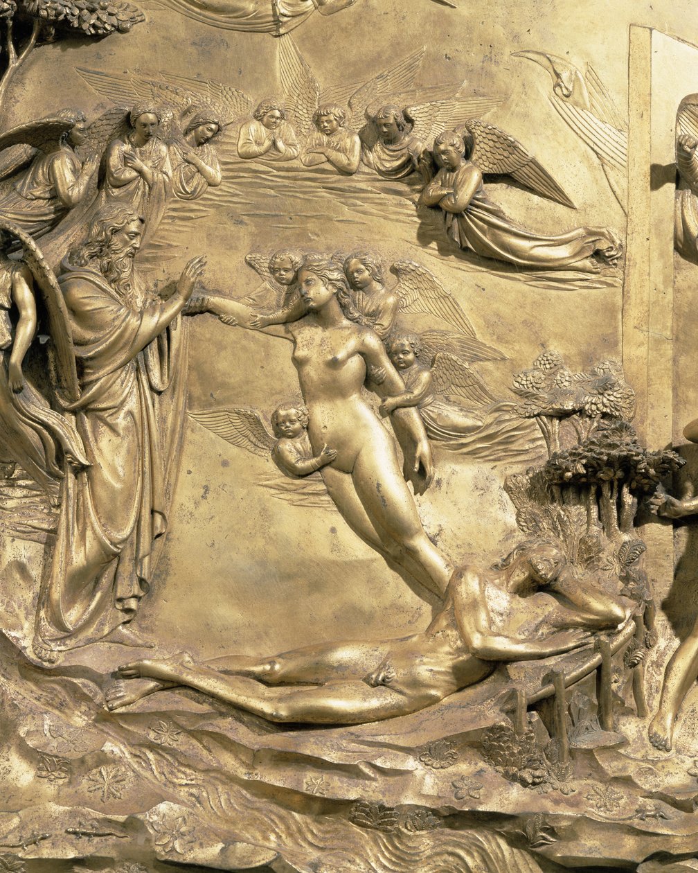 Ádám története, Éva teremtésének részlete, a Keresztelőkápolna keleti ajtóinak egyik eredeti táblájáról, 1425-52 aranyozott bronz utórestaurálás alkotó: Lorenzo Ghiberti