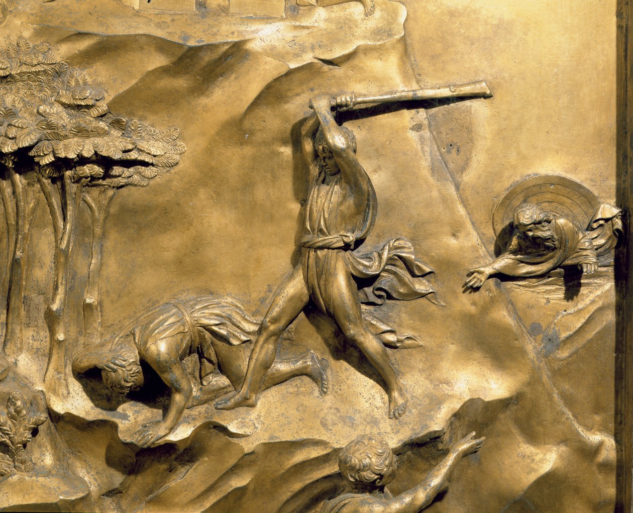 Káin és Ábel története, Ábel megölésének részlete, eredeti tábla a Keresztelőkápolna keleti ajtóiról, 1425-52 aranyozott bronz utánpótlás alkotó: Lorenzo Ghiberti