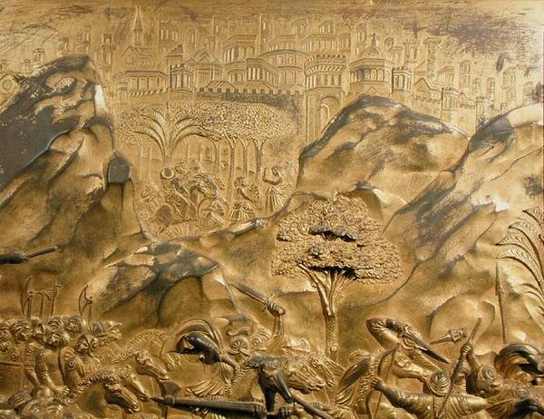 Dávid és Góliát története, háttérrészlet a Keresztelőkápolna keleti ajtóiról készült eredeti panelről alkotó: Lorenzo Ghiberti