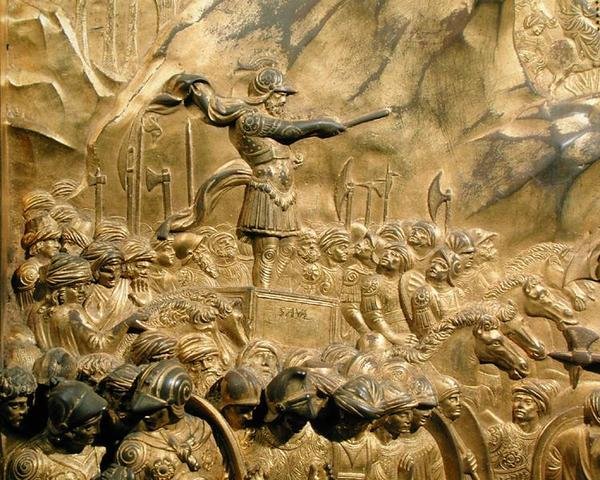 Dávid és Góliát története, Saul részlete, a Keresztelőkápolna keleti ajtajának eredeti táblájáról. alkotó: Lorenzo Ghiberti