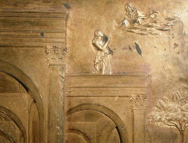 Jákob és Ézsau története, részlet a Keresztelőkápolna keleti ajtajának eredeti táblájáról. alkotó: Lorenzo Ghiberti