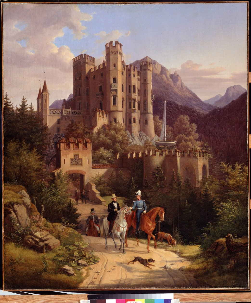 Le prince couronne Maximilien a cheval, Hohenschwangau (Maximilian trónörökös lovaglás Hohenschwangauban). II. Bajor Maximilian (1811-1864) a bajorországi hohenschwangaui kastélya előtt (Németország). Lorenzo II Quaglio (1793-1869) festménye alkotó: Lorenzo II Quaglio