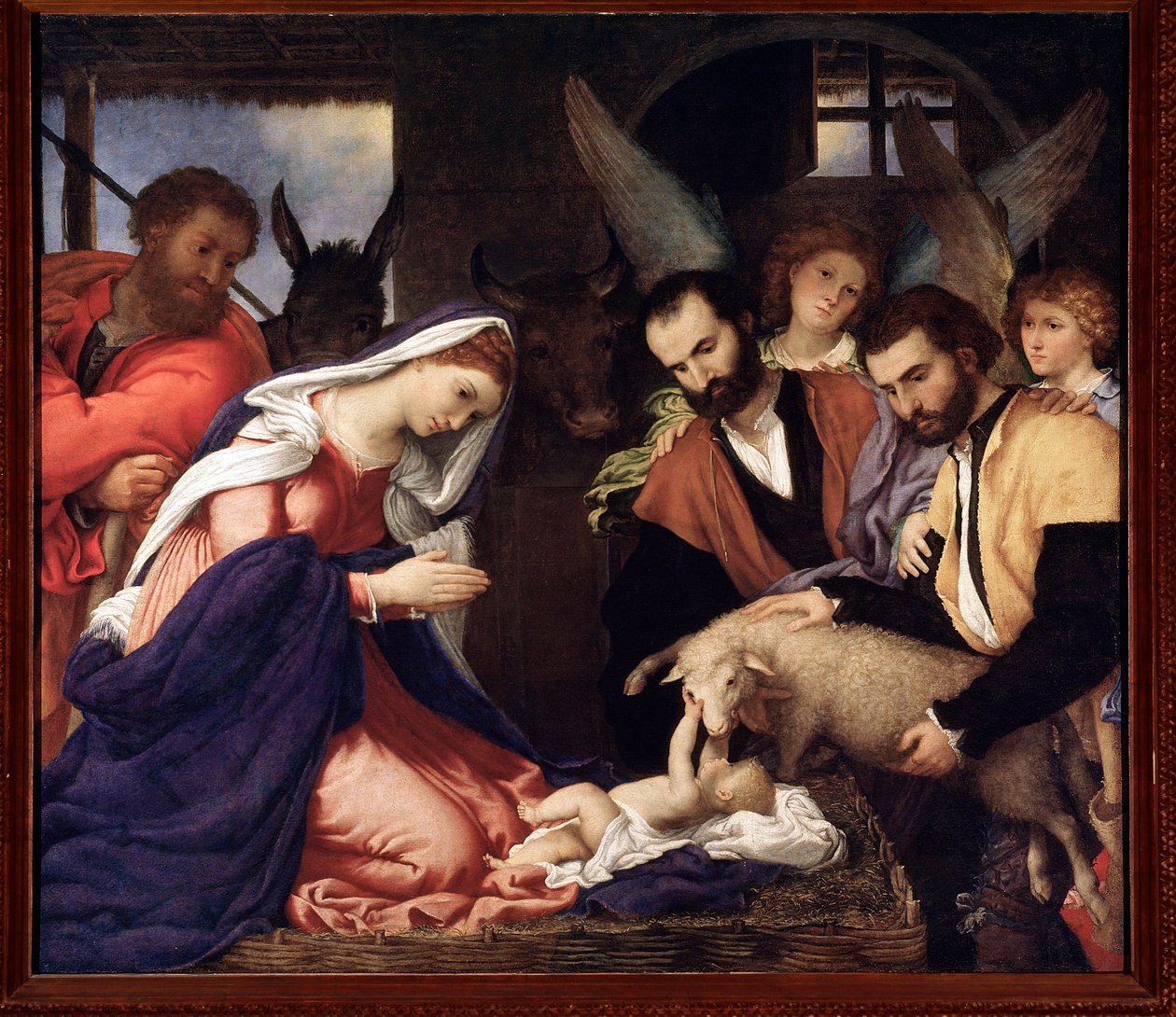 A pásztorok imádása A gyermek Jézus báránnyal játszik - olaj, vászon alkotó: Lorenzo Lotto