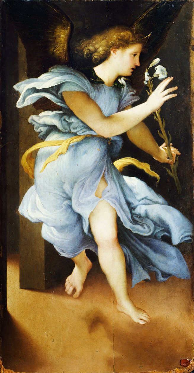 Angyal bejelentése, 1525 körül, Lorenzo Lotto (1480 kb-1556), olaj, panel, 82x42 cm alkotó: Lorenzo Lotto
