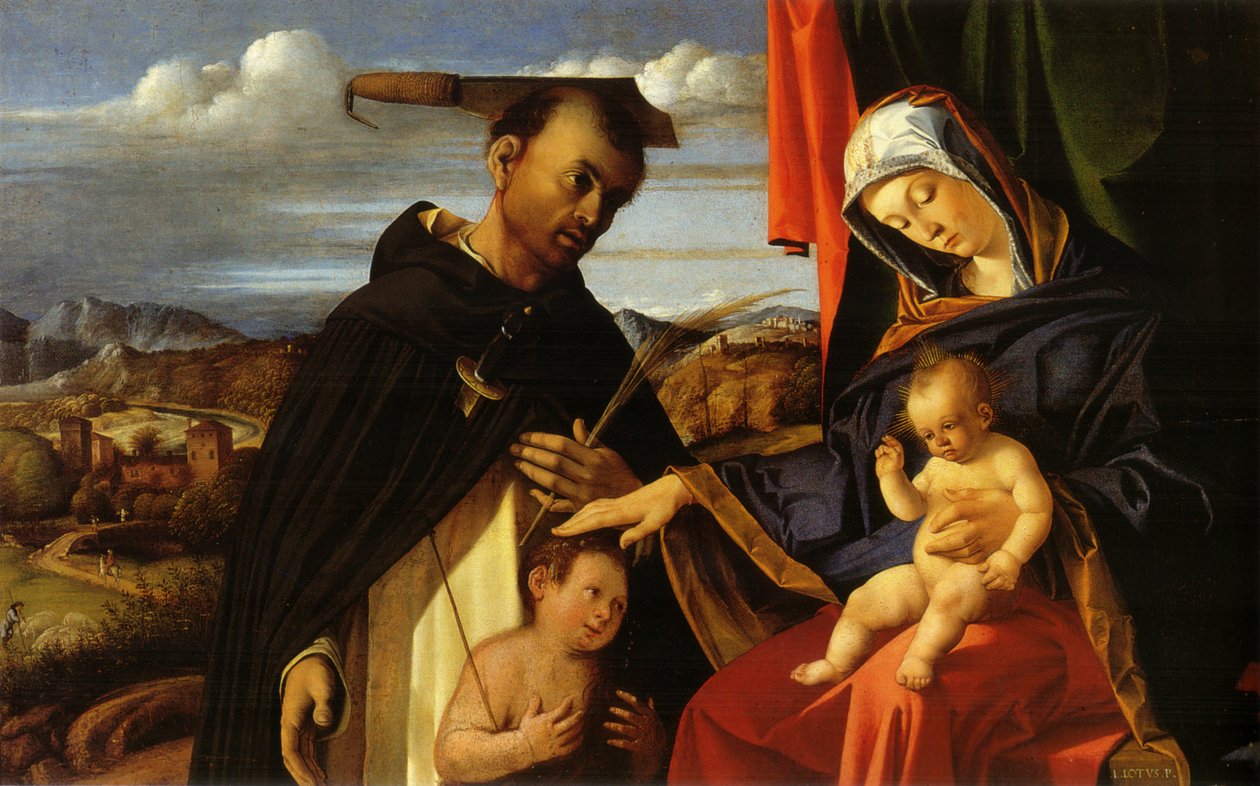 Olaszul:  Madonna col Bambino e San Pietro Martire Madonna és gyermeke a fiatal Keresztelő Szent Jánossal és Mártír Szent Péterrel. alkotó: Lorenzo Lotto