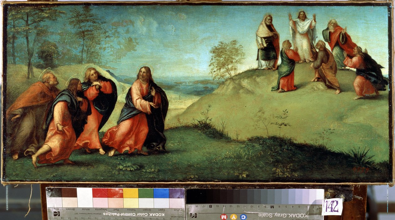 Krisztus a Tábor hegyére vezeti az apostolokat. Krisztus színeváltozásának helye Izraelben. Lorenzo Lotto festménye (1480-1556) alkotó: Lorenzo Lotto