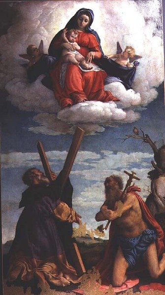 Madonna és gyermek a dicsőségben Szent Andrással és Szent Jeromossal alkotó: Lorenzo Lotto