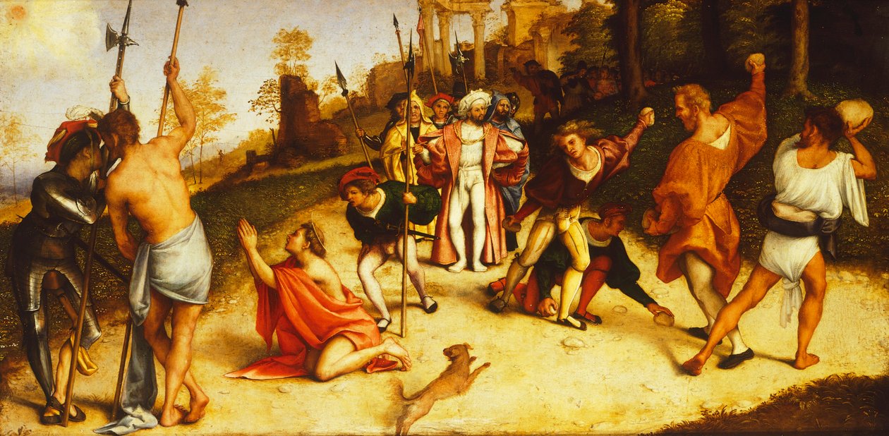 Szent István mártíromsága, a Martinengo-oltár felosztása Lorenzo Lotto (1480, 1556 körül), olajtábla, 51x97 cm, 1516 körül alkotó: Lorenzo Lotto