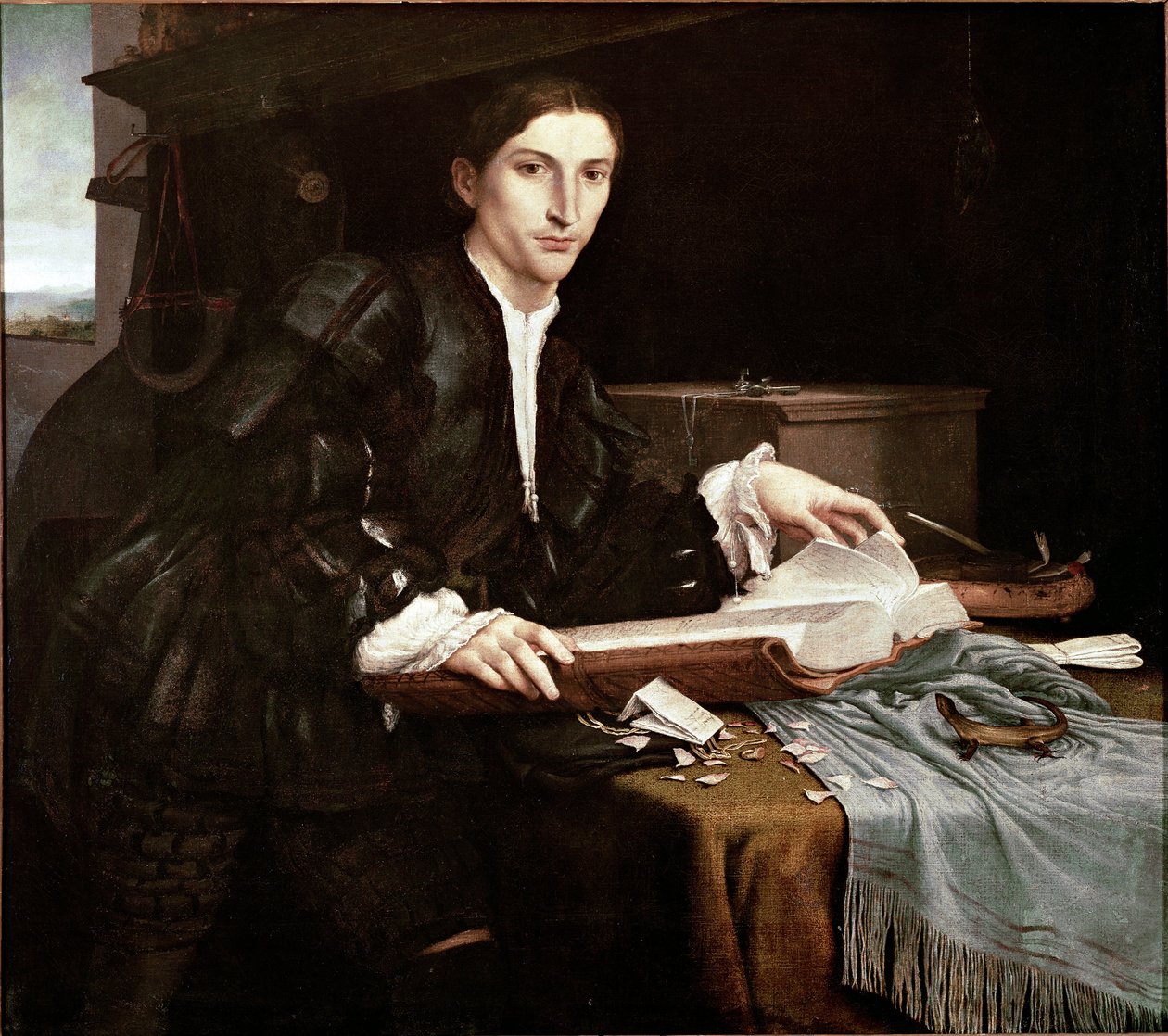 Egy úriember portréja az irodájában (olaj, vászon alkotó: Lorenzo Lotto