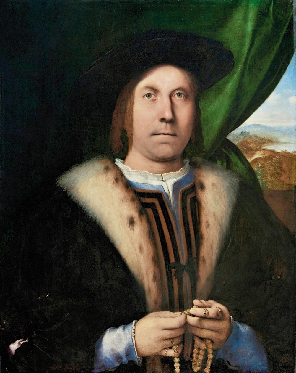 Rózsafüzérrel ellátott férfi portréja, kb. 1515-1520. alkotó: Lorenzo Lotto
