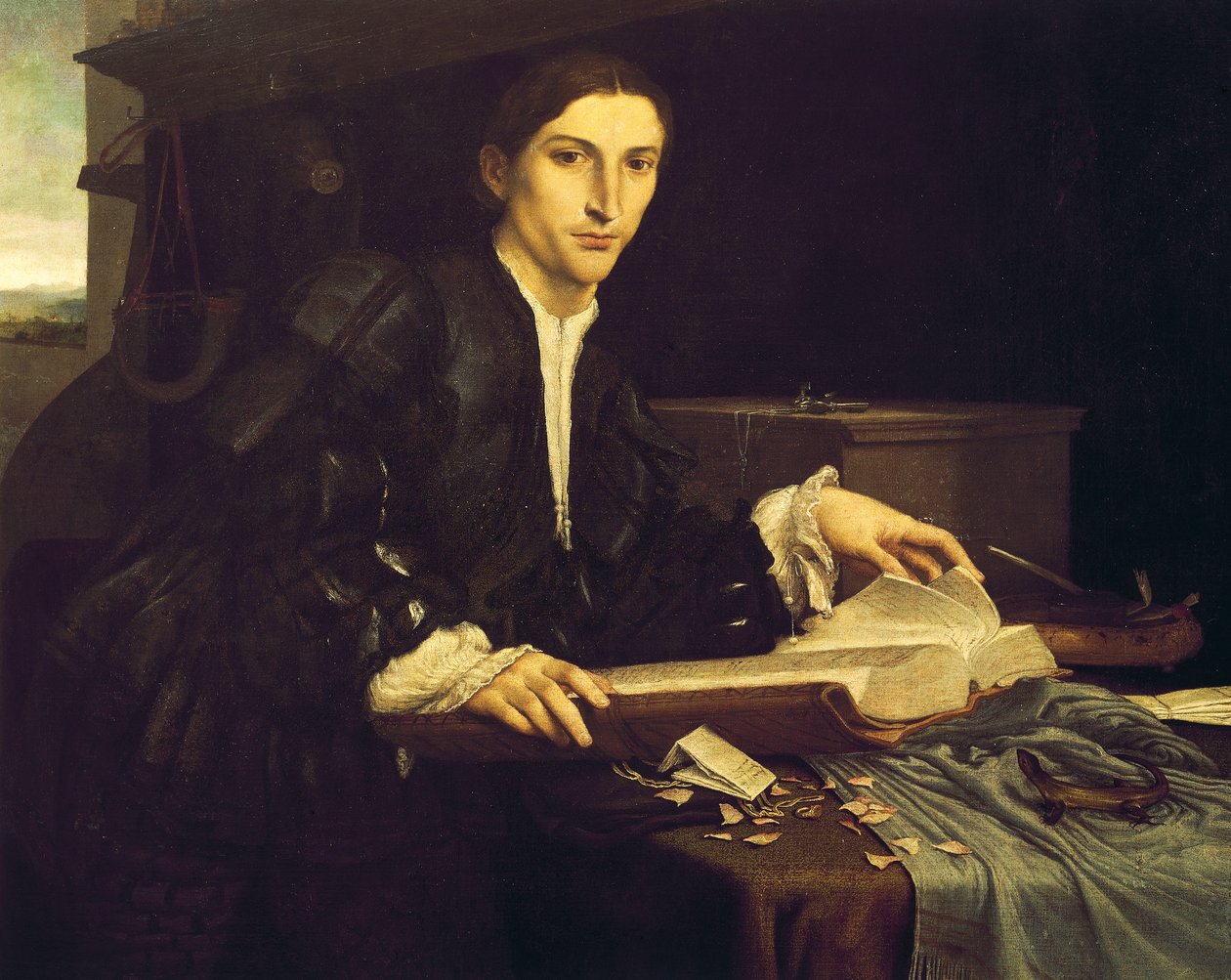 Egy fiatal úriember portréja a műtermében alkotó: Lorenzo Lotto