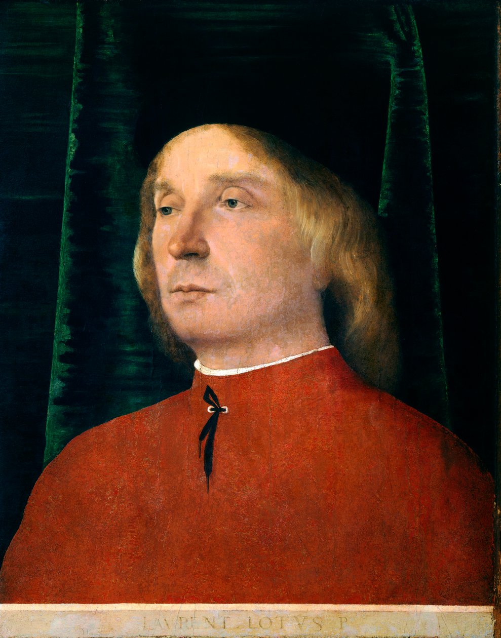 Lorenzo Lotto vörös öltönyös fiatalember portréja (1480 kb. 1556), olaj, tábla, 40x32 cm alkotó: Lorenzo Lotto