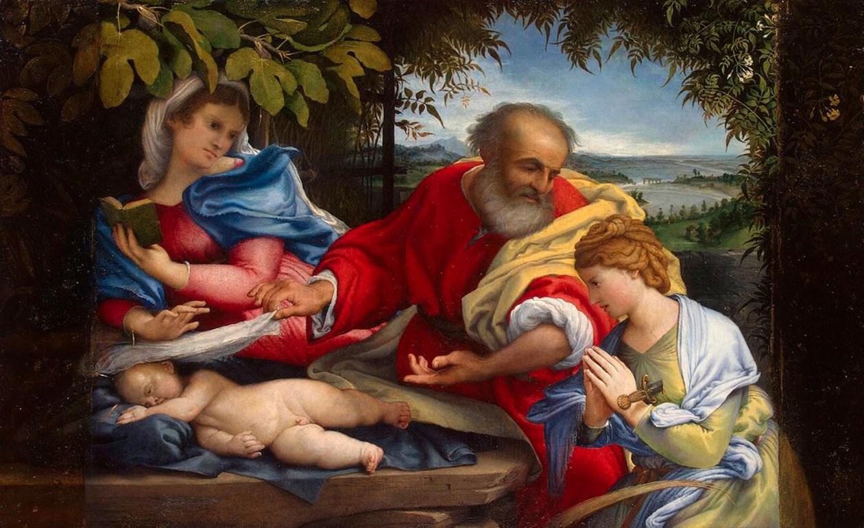 Pihenjen az egyiptomi repülésen Szent Jusztinával, 1529. alkotó: Lorenzo Lotto