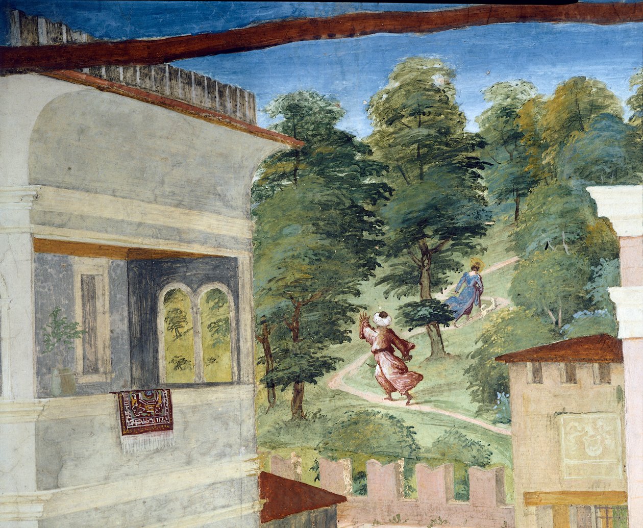 Szent Borbála, akit üldöznek az erdőben, Krisztus-szőlő és Szent Borbála legendája Lorenzo Lotto (kb. 1480-1556), freskó, Villa Suardi részlet, Suardi kápolna, Trescore Balneario, Olaszország alkotó: Lorenzo Lotto