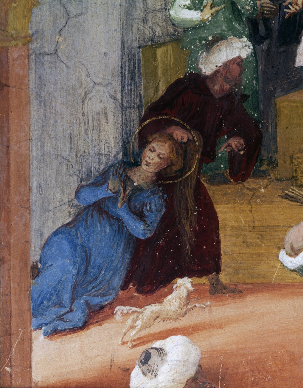 Santa Barbarát a hajánál fogva vonszolják a bíró előtt, részlet a Szent Borbála történeteiből alkotó: Lorenzo Lotto