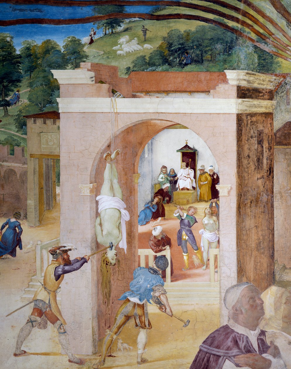 Santa Barbara bíróság elé áll marsi bíró előtt, aki elrendeli, hogy kínozzák, részlet a Szent Borbála történeteiből alkotó: Lorenzo Lotto
