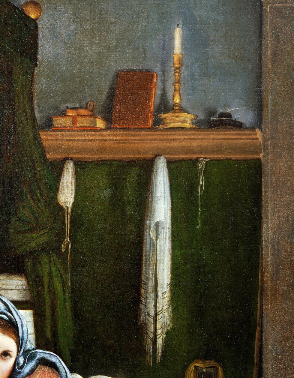 Polc kandeláberekkel és könyvekkel, részlet az Angyali üdvözletből, kb. 1434, Lorenzo Lotto (1480-1556), olaj, vászon alkotó: Lorenzo Lotto