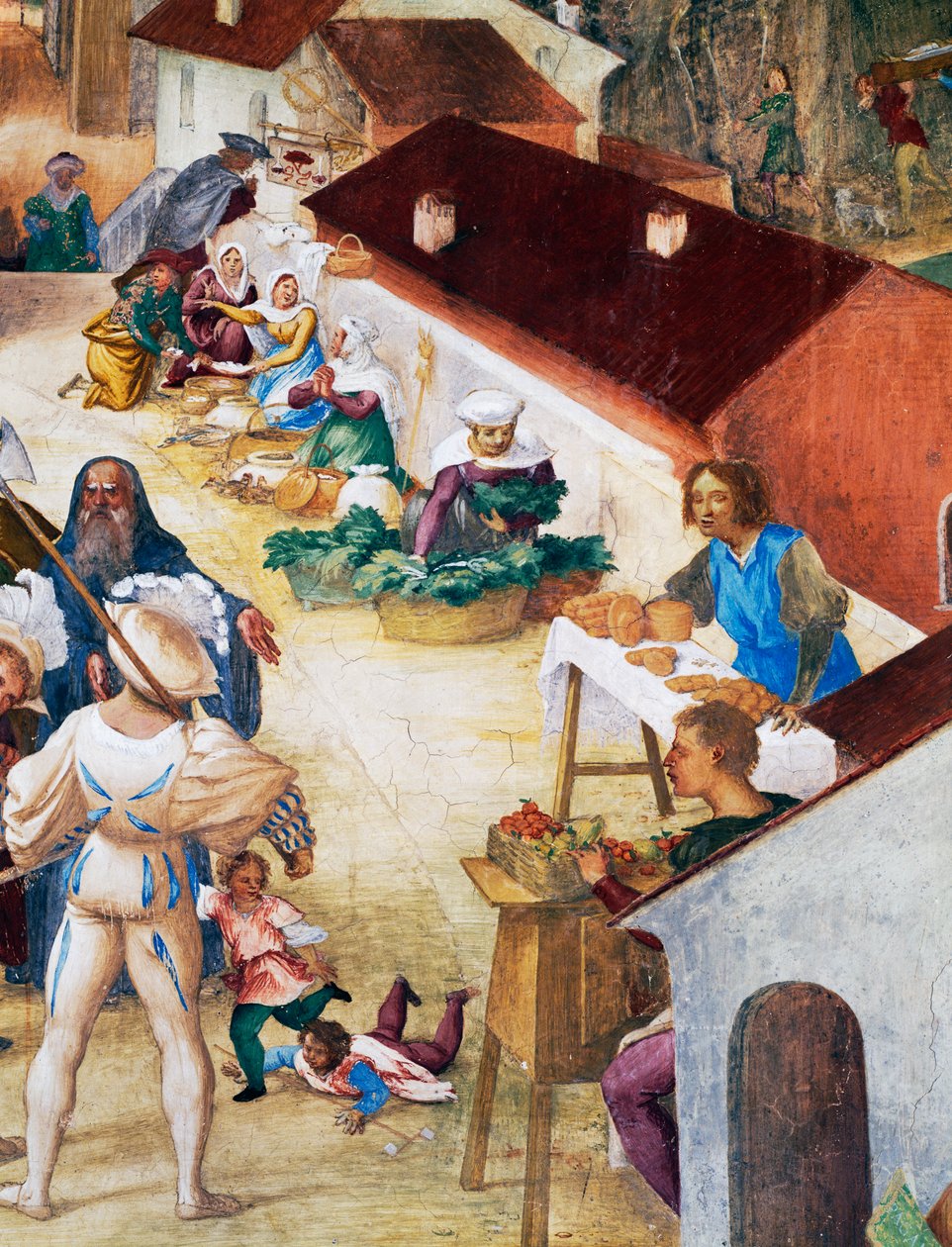 Katonák, parasztok és piac, részlet a Szent Borbála történeteiből alkotó: Lorenzo Lotto