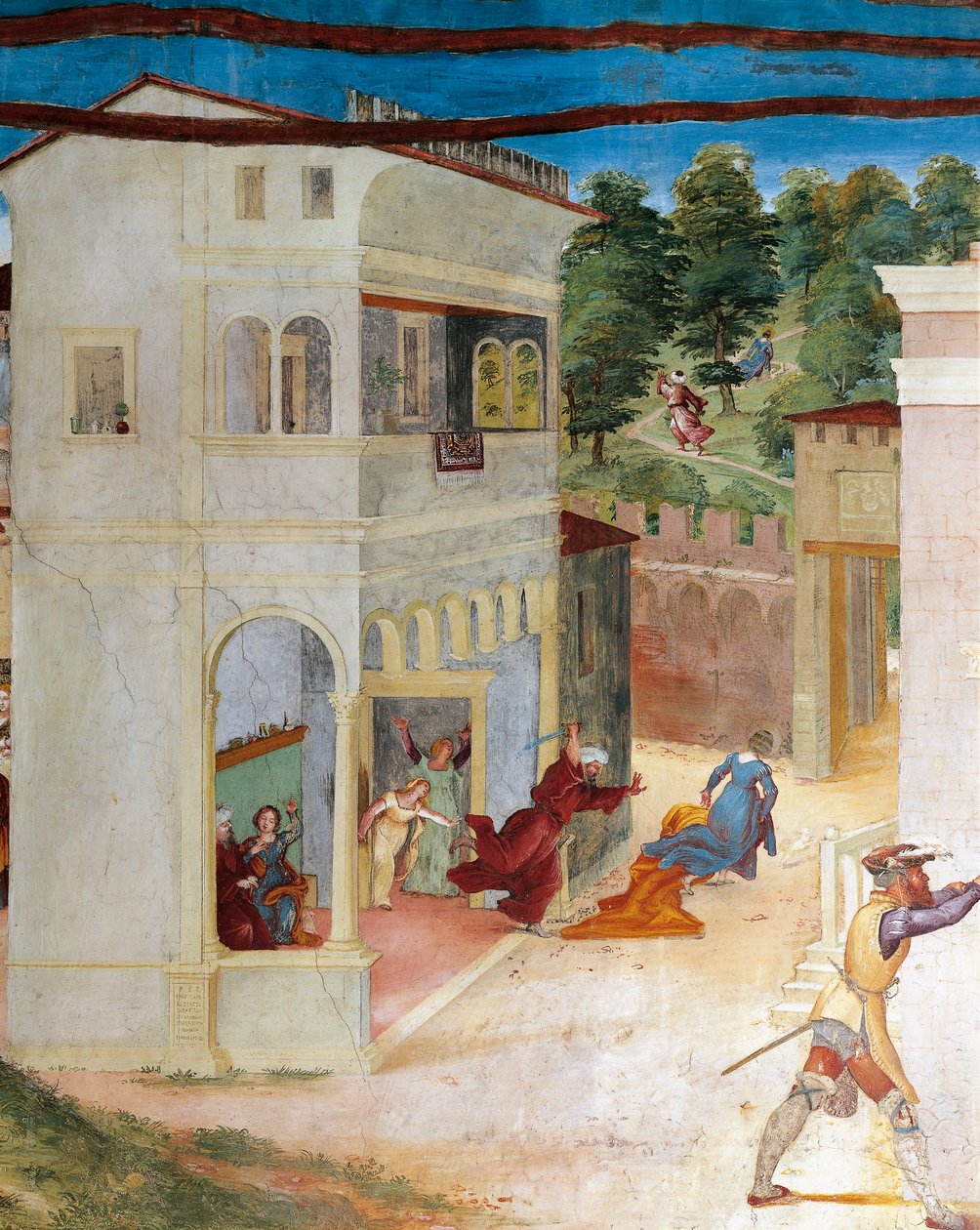 Szent Borbálát megtámadta az apja, részlet a Christ-Vine-ből és a Szent Borbála legendája, Lorenzo Lotto (kb. 1480-1556), freskó, részlet, Villa Suardi, Capella Suardi, Trescore Balneario alkotó: Lorenzo Lotto