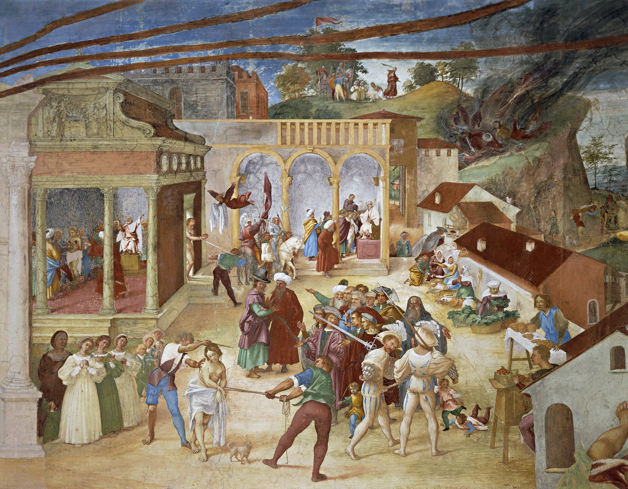 Szent Borbálát a város utcáin vezetik, részlet a Christ-Vine-ből és a Szent Borbála legendája Lorenzo Lotto (körülbelül 1480-1556), freskó, részlet, Villa Suardi, Capella Suardi, Trescore Balneario alkotó: Lorenzo Lotto