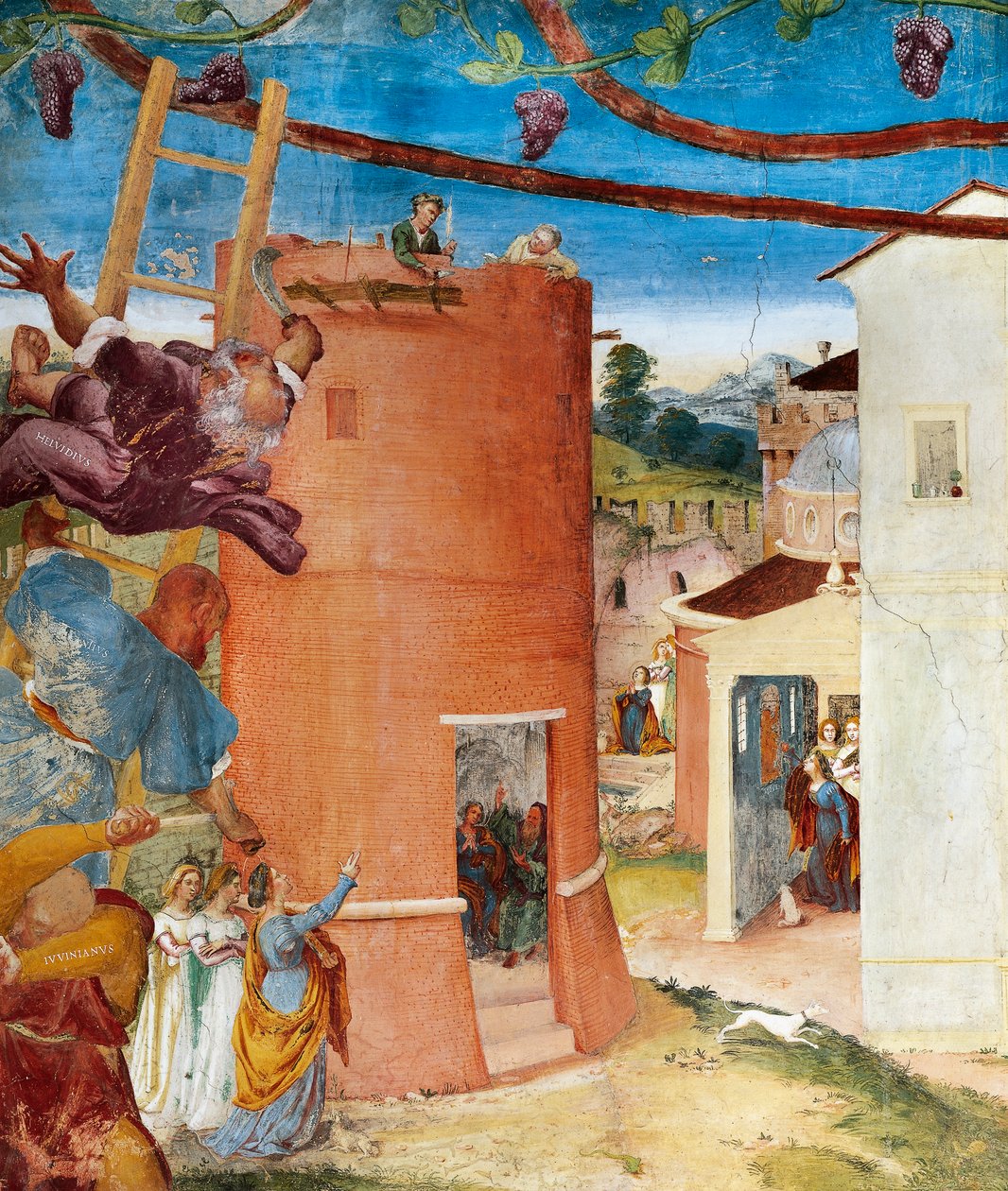 Szent Borbála a toronyban, részlet a Christ-Vine-ből és Lorenzo Lotto Szent Borbála legendája (körülbelül 1480-1556), freskó, részlet, Villa Suardi, Capella Suardi, Trescore Balneario alkotó: Lorenzo Lotto
