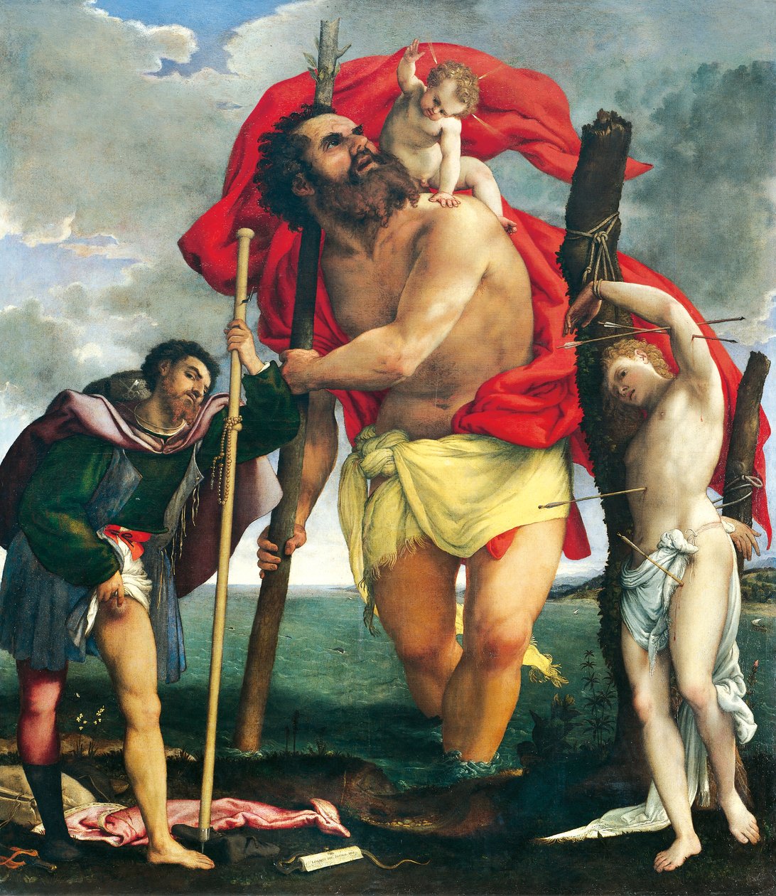 Szent Kristóf Szent Rocco és Sebastian között alkotó: Lorenzo Lotto